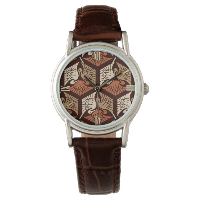 Reloj De Pulsera Grullas japonesas, Tan, Rust y Chocolate Brown (Anverso)
