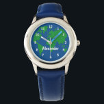 Reloj De Pulsera Guardia infantil con planeta tierra y nombre de co<br><div class="desc">Guardia infantil con mapa de planetas terrestres y nombre personalizado. Reloj de muñecas personalizado para niños pequeños. Añade tu propio nombre, monograma o presupuesto. Adecuado para niño o chica. También agradable como Navidades Regalo de vacaciones para niños; hijo, nieto, hija, nieta, sobrina, primo, nieto, amigo, hijastra, etc. Salvar el planeta...</div>