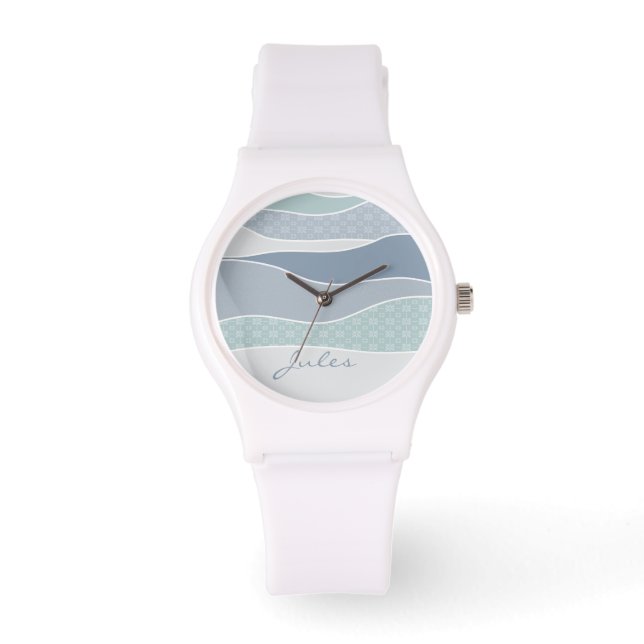 Reloj De Pulsera Guay Blue Green Curve Stripes Abstract Waves Name (Anverso)
