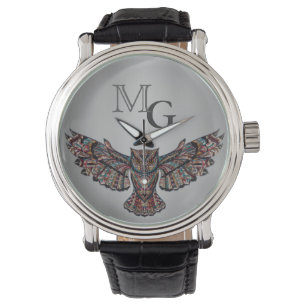 Reloj De Pulsera Guay metalizó arte del búho en con monograma de