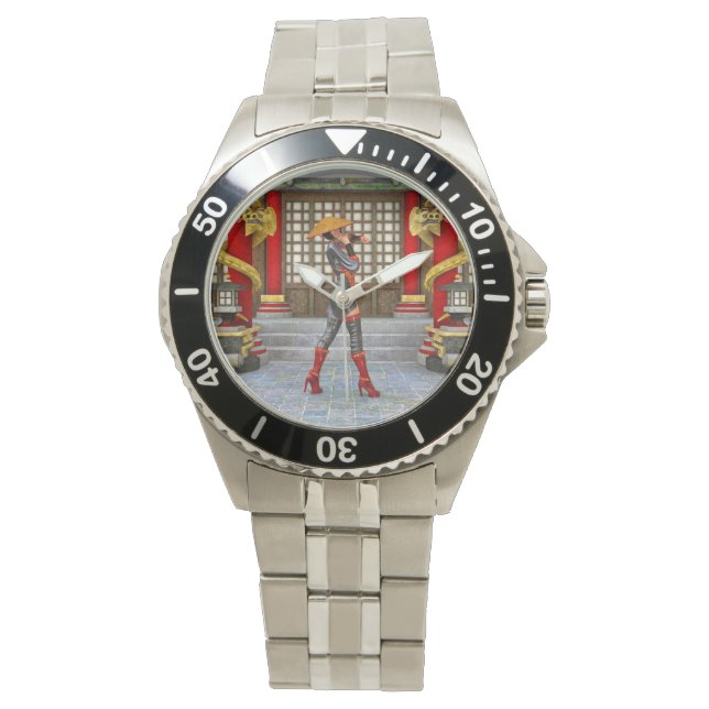 Reloj De Pulsera Guerrera asiática doncella fantasía samurái obra d (Anverso)