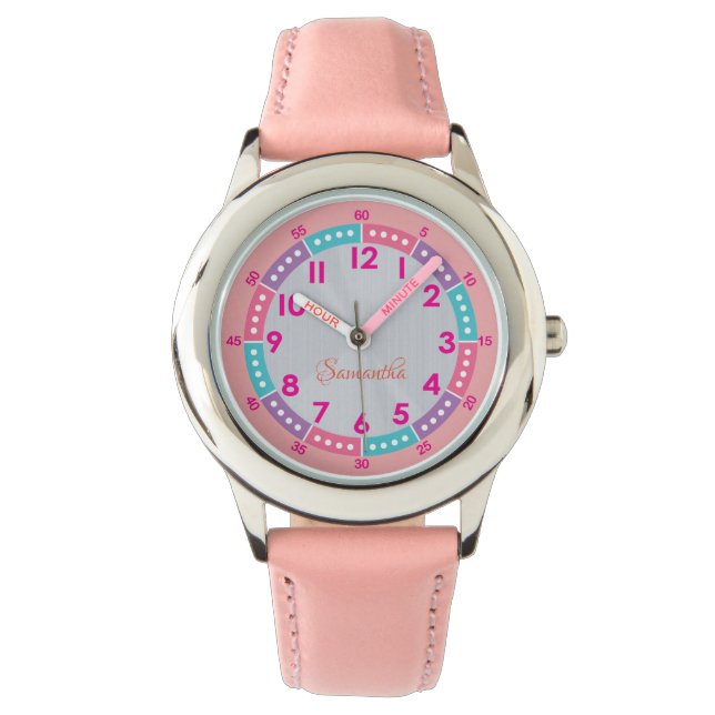 Reloj De Pulsera Guía de Aprendizaje para Niños Rosa con Nombre y T (Anverso)