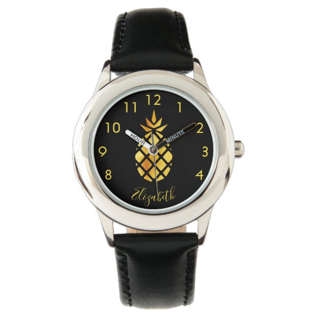Reloj De Pulsera Guión de nombre de piña dorada negro elegante (Anverso)