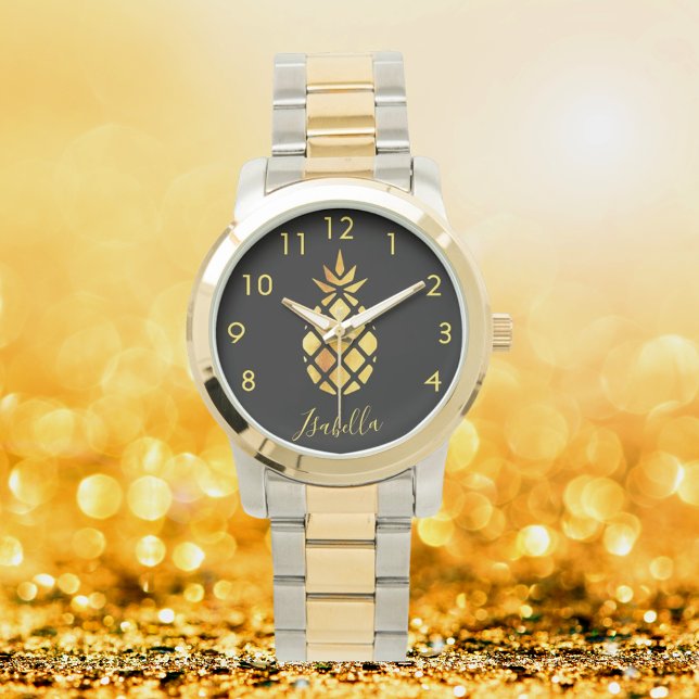 Reloj De Pulsera Guión de nombre de piña dorada negro elegante (Subido por el creador)