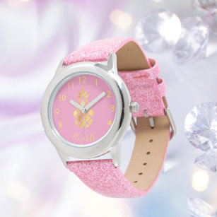 Reloj De Pulsera Guión de nombre de piña dorada rosa chica tropical