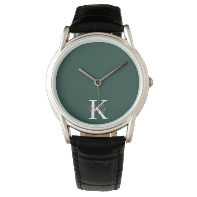 Reloj De Pulsera Guión moderno de monograma verde esmeralda (Anverso)
