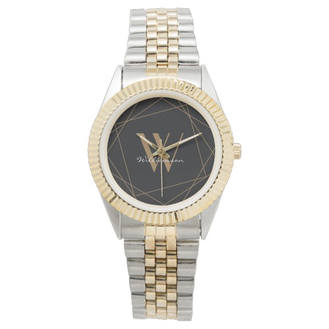 Reloj De Pulsera Guión moderno Monograma dorado negro (Anverso)
