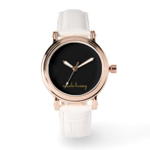 Reloj De Pulsera Guión negro y dorado Monograma moderno elegante