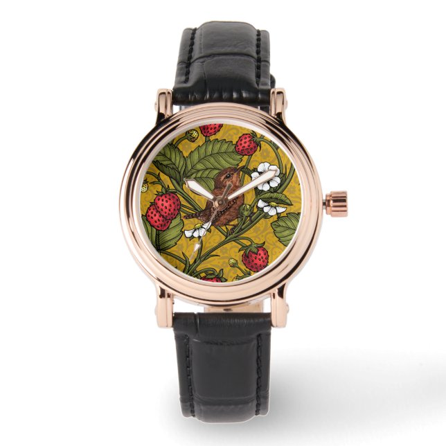 Reloj De Pulsera Guirnaldas y fresas en mostaza (Anverso)