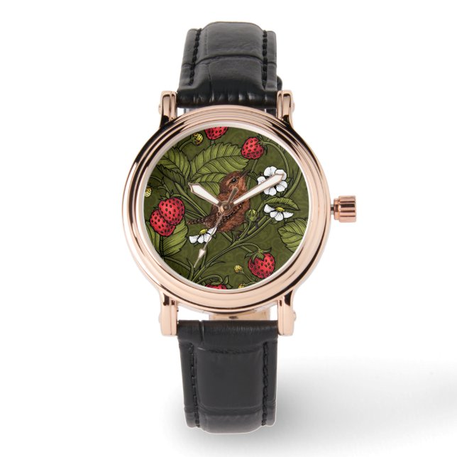 Reloj De Pulsera Guirnaldas y fresas en verde oscuro (Anverso)