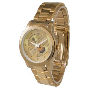 Reloj De Pulsera Guitar ~ Hoja de música ~ Fondo de oro ~ Único ~