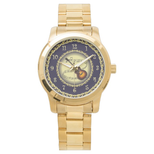 Reloj De Pulsera Guitar ~ Musical Scroll ~ Oro/Azul marino ~ Watch (Anverso)