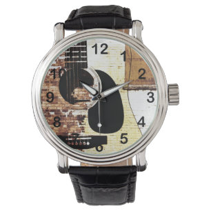 Reloj De Pulsera guitarra acústica en fondo del ladrillo