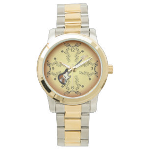 Reloj De Pulsera Guitarra Eléctrica~Musical Scroll~Golden Backgroun