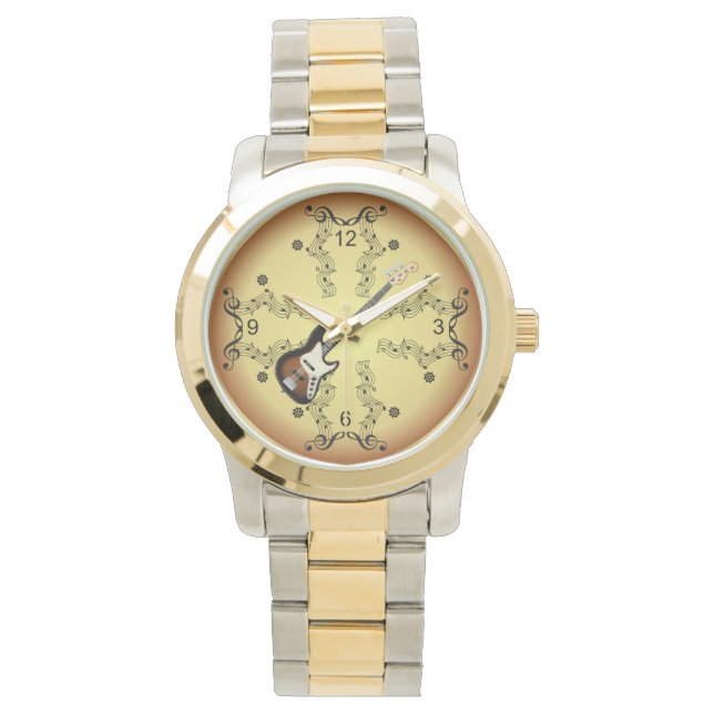 Reloj De Pulsera Guitarra Eléctrica~Musical Scroll~Golden Backgroun (Anverso)