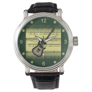 Reloj De Pulsera Guitarra Eléctrica~Rolling Sheet Music~Gold/Green 