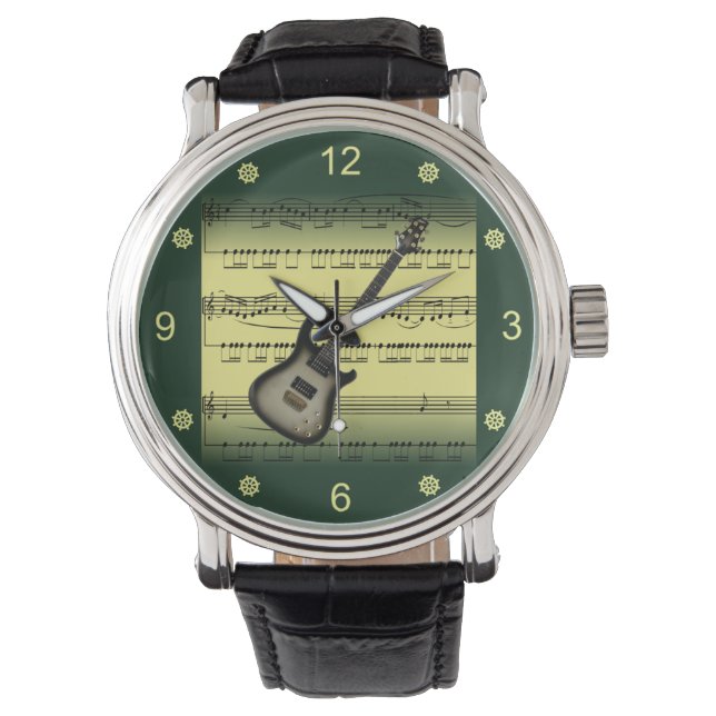 Reloj De Pulsera Guitarra Eléctrica~Rolling Sheet Music~Gold/Green  (Anverso)