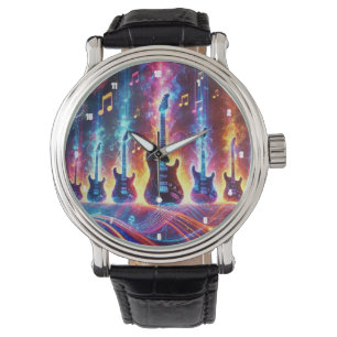 Reloj De Pulsera Guitars eléctricos rodeados de notas de Neon Music
