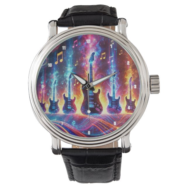 Reloj De Pulsera Guitars eléctricos rodeados de notas de Neon Music (Anverso)
