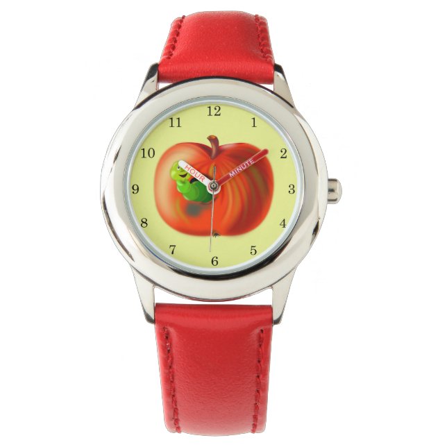 Reloj De Pulsera Gusano Feliz En La Manzana Roja - (Anverso)