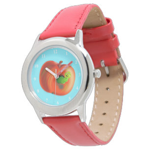 Reloj De Pulsera Gusano Feliz En La Manzana Roja