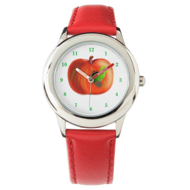 Reloj De Pulsera Gusano Feliz En La Manzana Roja (Anverso)
