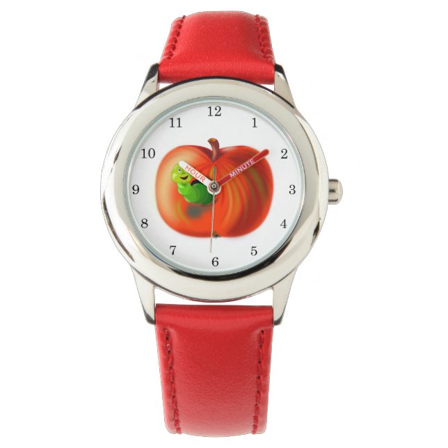 Reloj De Pulsera Gusano Feliz En La Manzana Roja (Anverso)