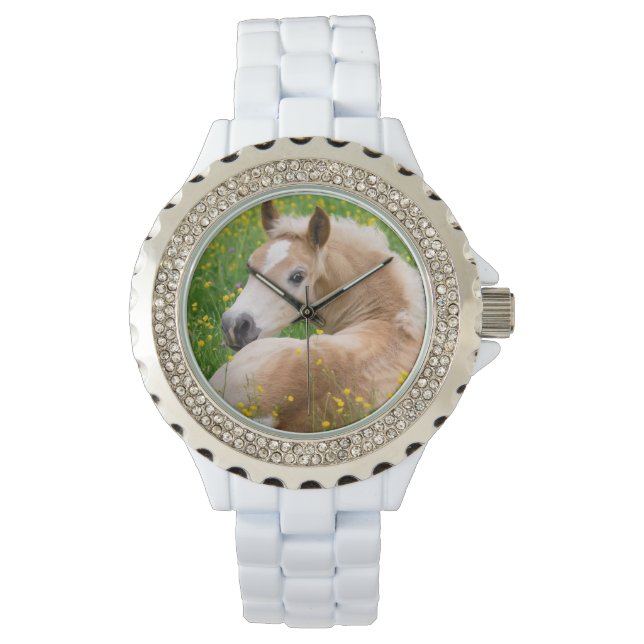 Reloj De Pulsera Haflinger Caballo de comida en un lecho de flores  (Anverso)