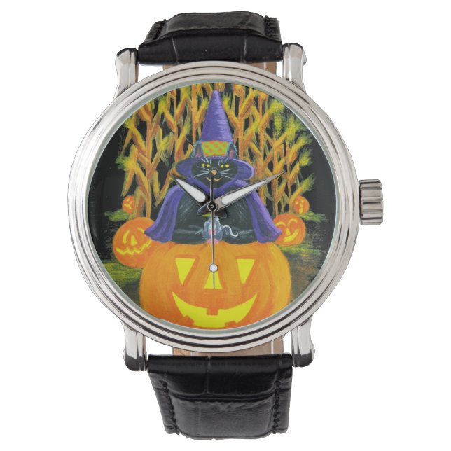Reloj De Pulsera Halloween, adulto, reloj, negro, gato, ratón, camp (Anverso)