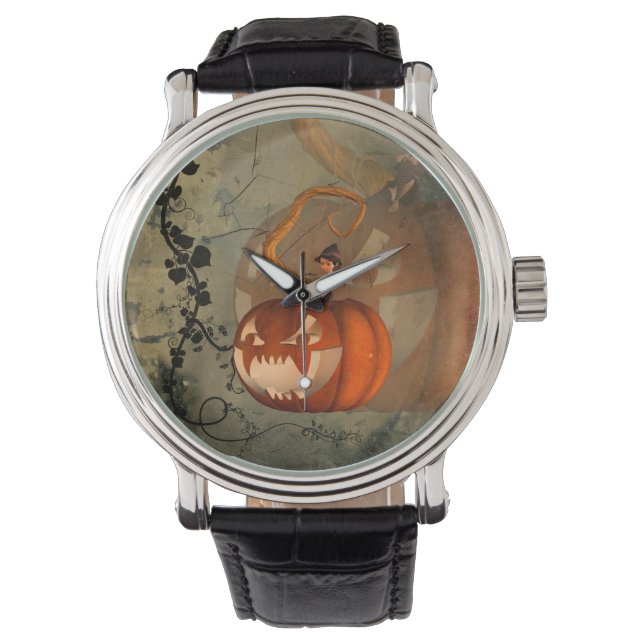 Reloj De Pulsera Halloween, calabaza divertida con bruja linda (Anverso)