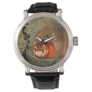 Reloj De Pulsera Halloween, calabaza divertida con la bruja linda
