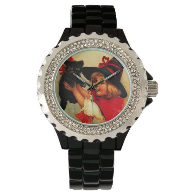 Reloj De Pulsera Halloween de Brujas y Gatos Negros (Anverso)