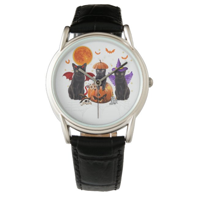 Reloj De Pulsera Halloween De Gato Negro, Gato Negro Sentado En Cal (Anverso)