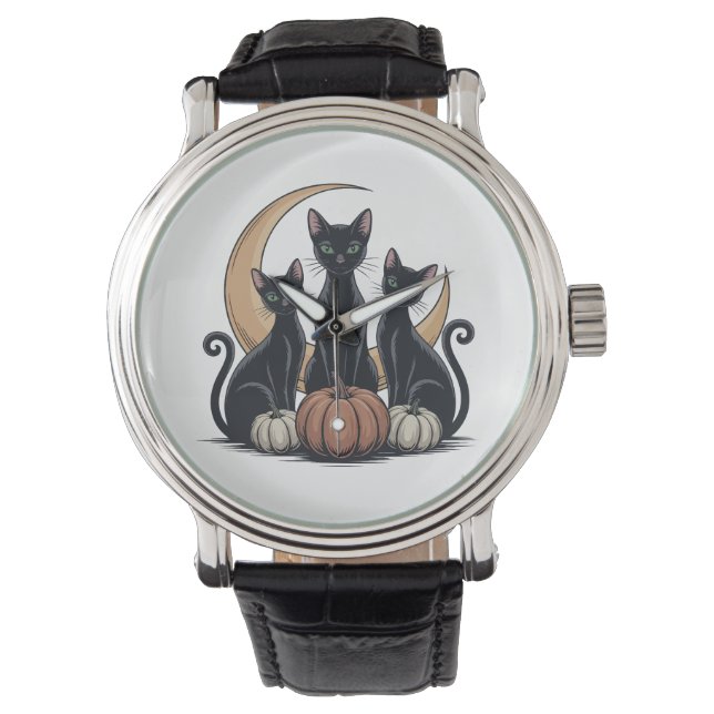 Reloj De Pulsera Halloween de la Luna de Calabaza de Gatos Negros W (Anverso)