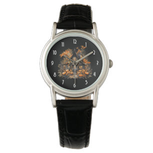 Reloj De Pulsera Halloween Haunted House con calabazas y follaje