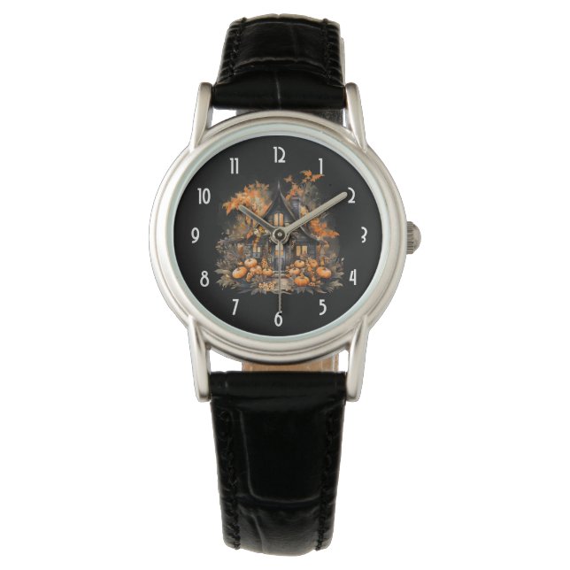 Reloj De Pulsera Halloween Haunted House con calabazas y follaje (Anverso)