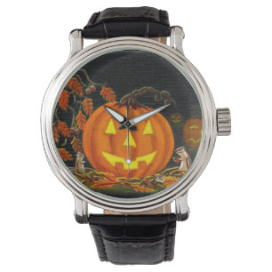 Reloj De Pulsera Halloween, Jack-O-Lanterns, chipmunks, otoño, hoja