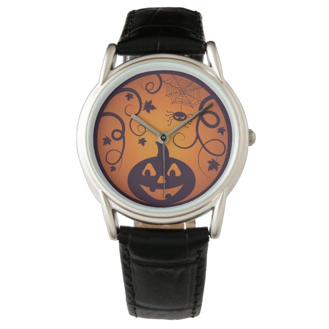 Reloj De Pulsera Halloween Jack o linterna cara de calabaza y araña (Anverso)