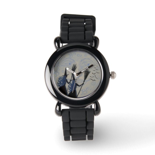 Reloj De Pulsera Halloween, reloj, brujas, escoba, purpurina, moda (Anverso)