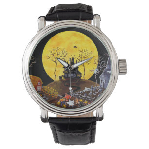 Reloj De Pulsera Halloween, reloj, fantasmas, cementerio, gatos, br