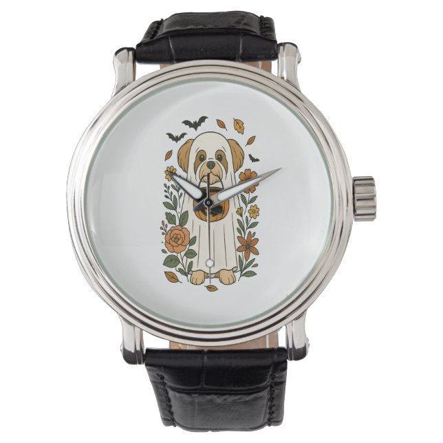 Reloj De Pulsera Halloween Shih Tzu con flores de otoño (Anverso)