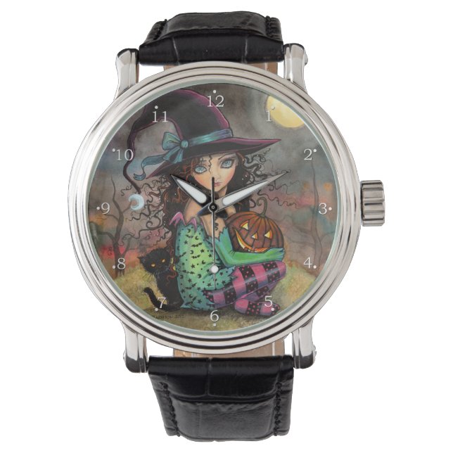Reloj De Pulsera Halloween Witch Cat Fantasy Art (Anverso)