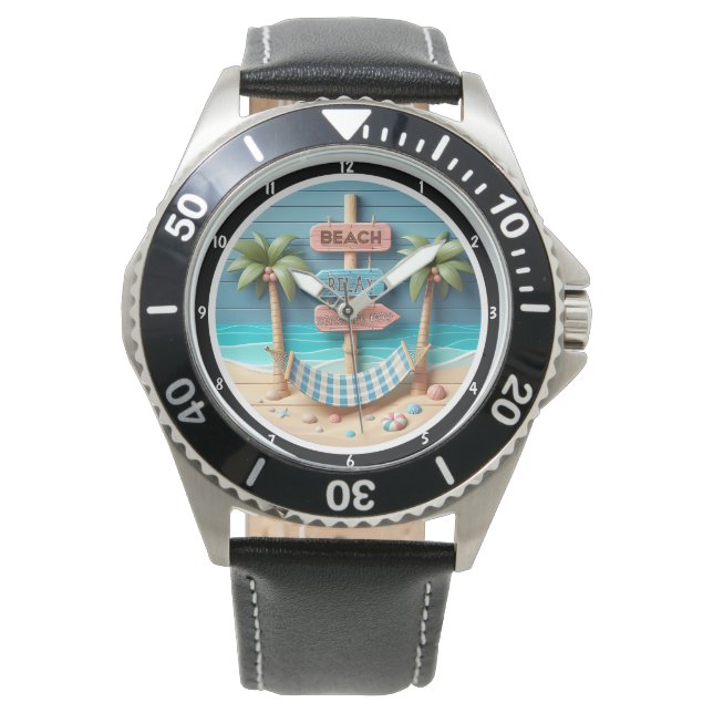 Reloj De Pulsera Hamaca Relajante con Palmeras Temática de Playa (Anverso)