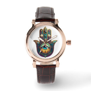 Reloj De Pulsera Hamsa Violeta Teal Dorado con Tercer Ojo Turquesa