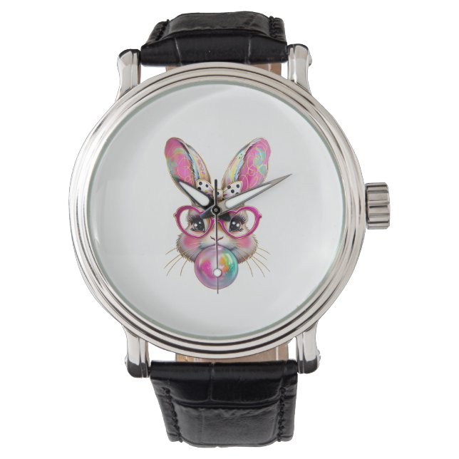 Reloj De Pulsera Happy Easter Bunny Coquette Bow Brushstroke Easter (Anverso)
