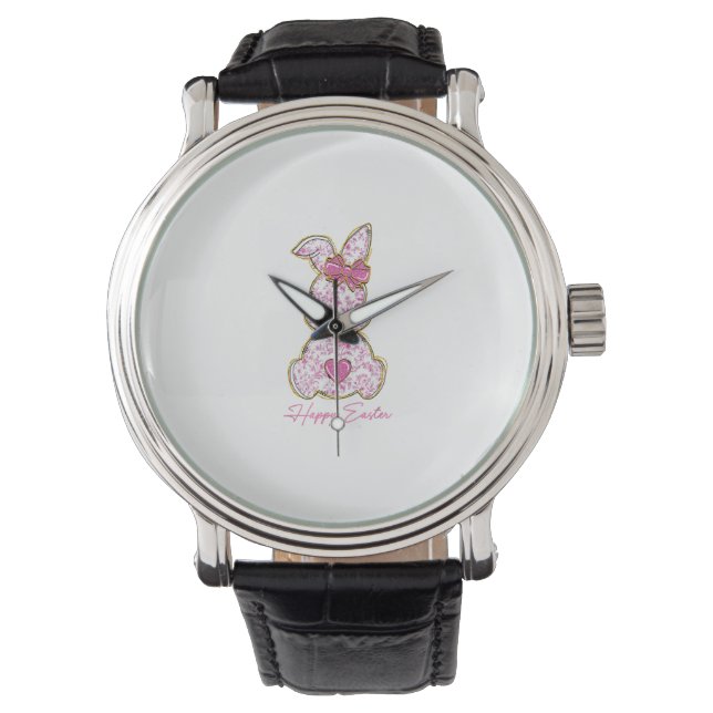 Reloj De Pulsera Happy Easter Bunny Girls Easter Women Pink Floral  (Anverso)
