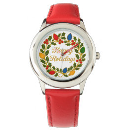 Reloj De Pulsera Happy Holidays Wreath Christmas Lights and Holly