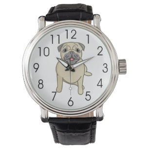 Reloj De Pulsera Happy Pug Sitting Down, Ilustracion digital