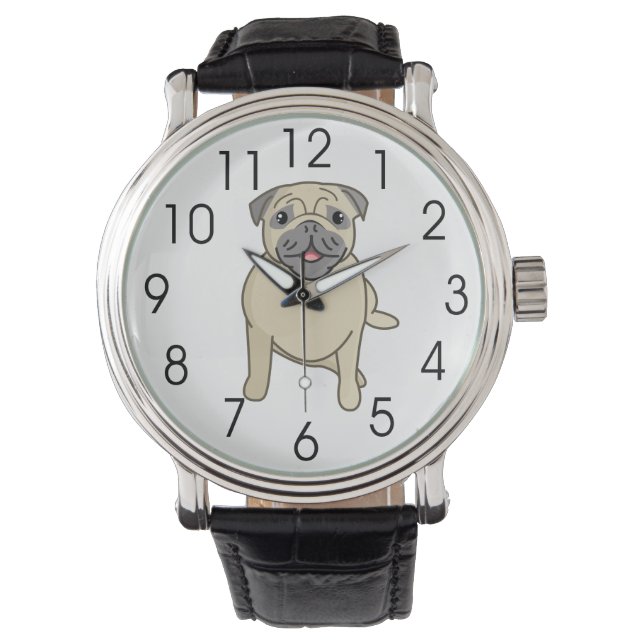 Reloj De Pulsera Happy Pug Sitting Down, Ilustracion digital (Anverso)