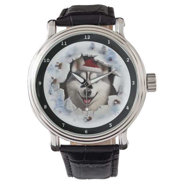 Reloj De Pulsera Happy Siberian Husky Puppy Winter Holiday Image (Anverso)
